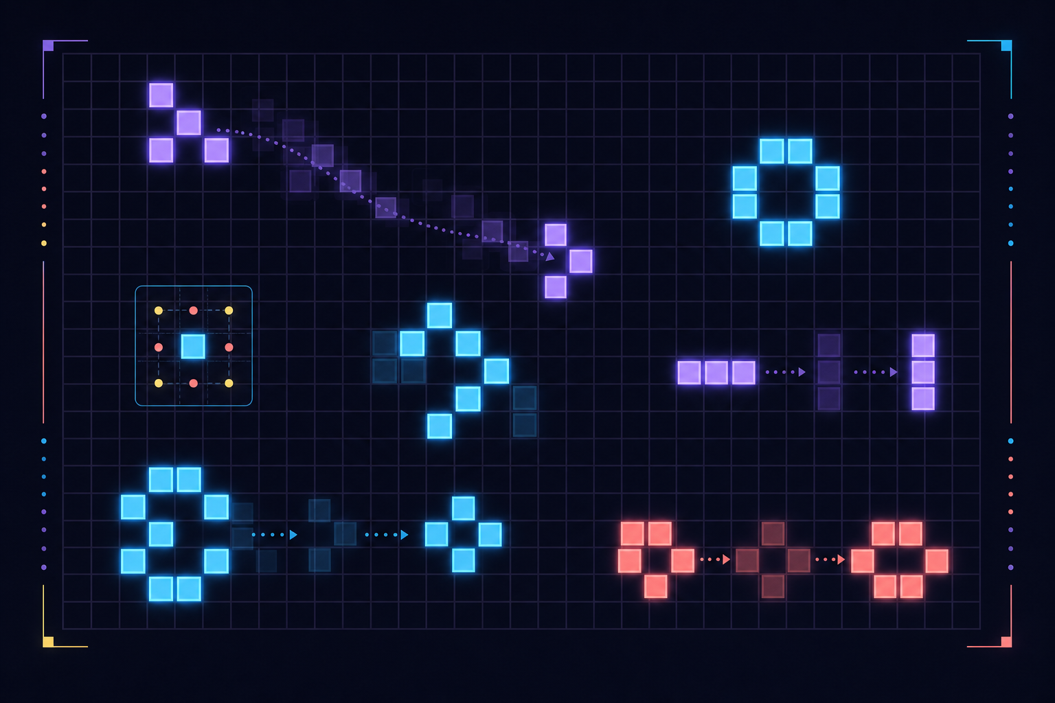 A colorful Conway's Game of Life grid with live and dead cells evolving through several generations.