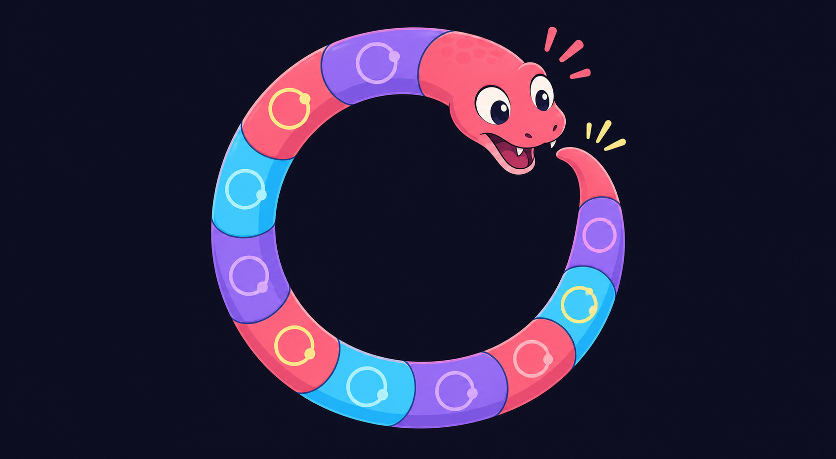 A colorful snake from the classic Snake game curves into a circle and chases its own tail, illustrating a cycle of references.